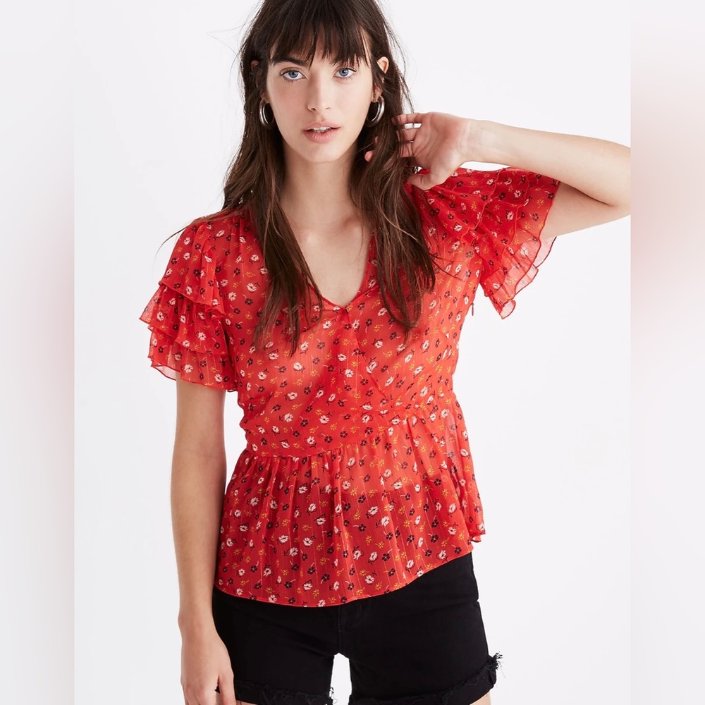 Madewell Tiered-Sleeve Peplum Top in Metallic Prairie Posies